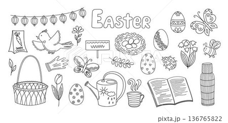 Spring decorative elements set of outline hand drawn simple objects seasonal cottagecore illustration nest, glove, bird, butterfly, flowers, book, mug, basket, ladybug, seeds, Easter egg, watering can 136765822