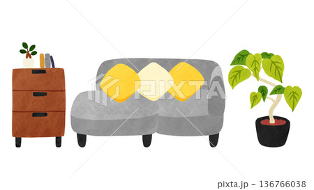 グレーのカウチソファとウンベラータ　水彩風手描きイラスト 136766038