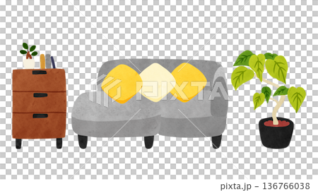 グレーのカウチソファとウンベラータ　水彩風手描きイラスト 136766038