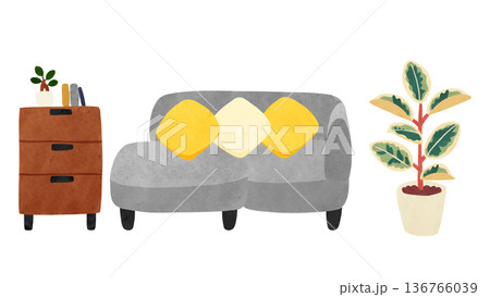 グレーのカウチソファとフィカス・ティネケ　水彩風手描きイラスト 136766039
