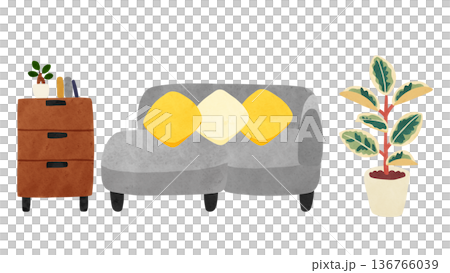 グレーのカウチソファとフィカス・ティネケ　水彩風手描きイラスト 136766039
