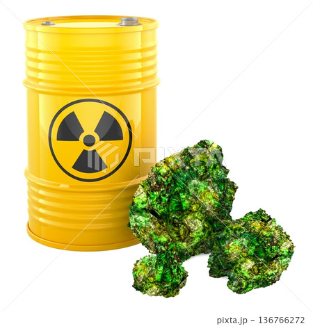 Radioactive waste barrel with uranium ore rocks. 3D rendering 136766272
