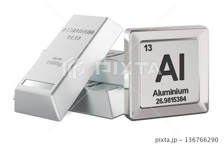 Aluminum ingots with Al periodic table tile element symbol. 3D rendering 136766290