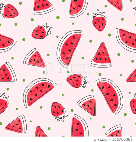 Seamless watercolor watermelon and strawberry pattern. Summer berry print 136766365