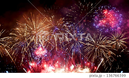 Purple Firework celebrate anniversary happy new year 2024, 4th of july holiday festival. Purple firework in night time celebrate national holiday. Violet firework Countdown to new year 2024 festival 136766399