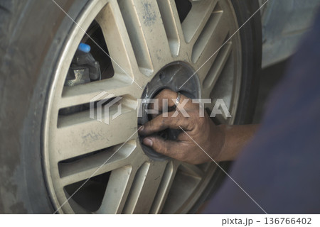 Mechanic man hands checking car tires outdoor on site service auto garage for automotive mobile center services. Technician workshop repair checking tyres car motor vehicles service mechanical hands Mechanic man hands checking car tires outdoor on site service auto garage for automotive mobile center services. Technician workshop repair checking tyres car motor vehicles service mechanical hands 136766402