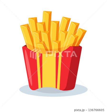 Cute cartoon french fried potato in colorful paper box, junk food element for restaurant menu. 136766605