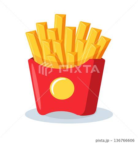 Cute cartoon french fried potato in colorful paper box, junk food element for restaurant menu. 136766606