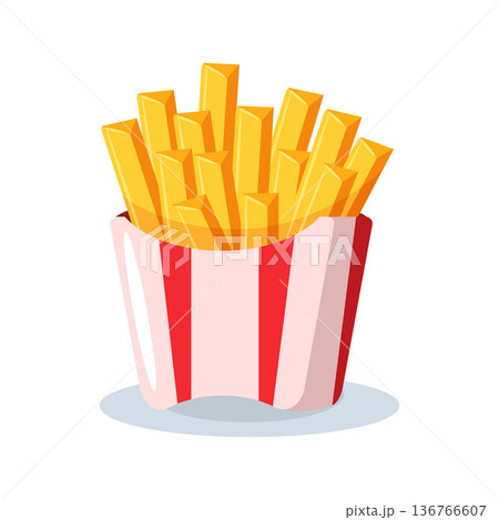 Cute cartoon french fried potato in colorful paper box, junk food element for restaurant menu. 136766607