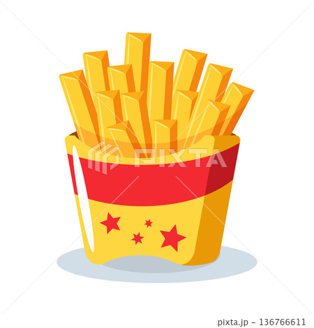 Cute cartoon french fried potato in colorful paper box, junk food element for restaurant menu. 136766611