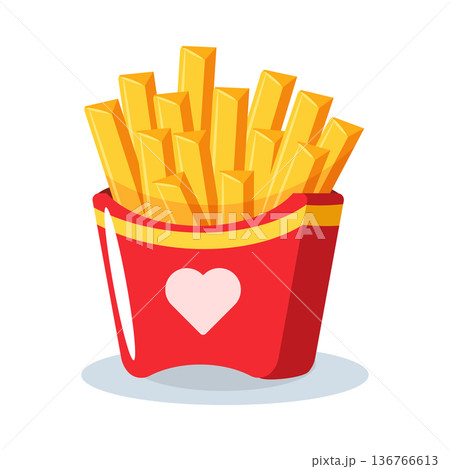Cute cartoon french fried potato in colorful paper box, junk food element for restaurant menu. 136766613