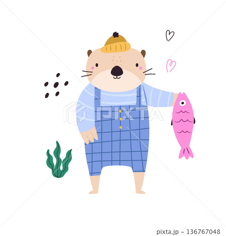 Cute Otter Holding Fish Cartoon Animal Illustration for Kids Design Cute Otter Holding Fish Cartoon Animal Illustration for Kids Design 136767048