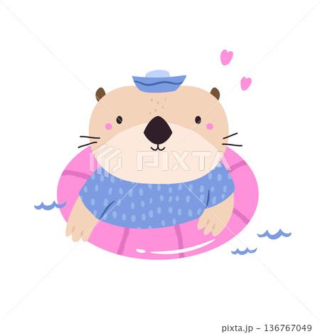 Cute Otter Floating in Swim Ring Cartoon Animal Summer Illustration Cute Otter Floating in Swim Ring Cartoon Animal Summer Illustration 136767049