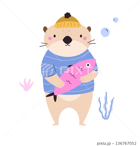 Cute Otter Holding Fish Cartoon Animal Illustration for Kids Design Cute Otter Holding Fish Cartoon Animal Illustration for Kids Design 136767052