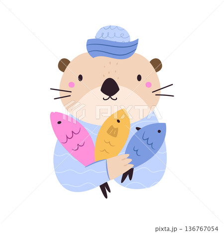 Cute Otter Holding Bunch of Fishes Cartoon Animal Illustration for Kids Design Cute Otter Holding Bunch of Fishes Cartoon Animal Illustration for Kids Design 136767054