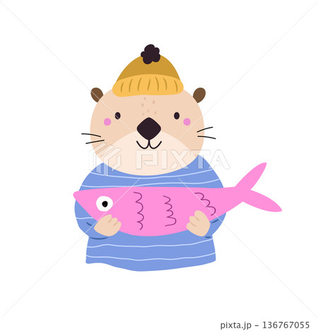 Cute Otter Holding Fish Cartoon Animal Illustration for Kids Design 136767055