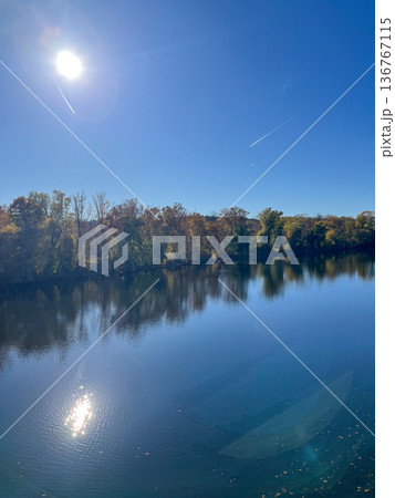 Perkiomen Creek with a blue sky in the background, Valley Forge. Pennsylvania 136767115