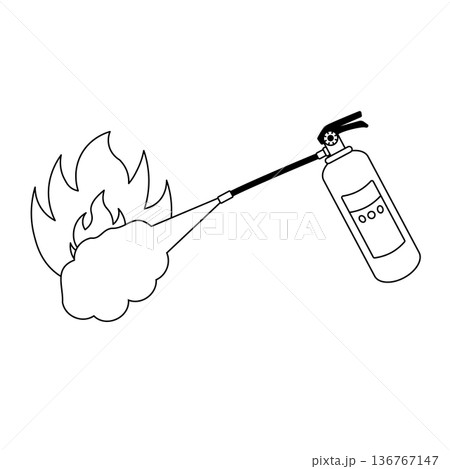 消火器と炎の白黒モノクロ線画イラスト素材 136767147