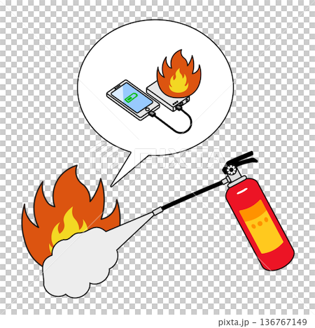 モバイルバッテリーの火災と消火器のイラスト素材 136767149