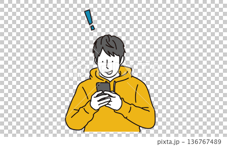 スマートフォンを見ながら笑顔の男性のイラスト素材 136767489