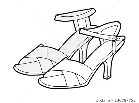 Low heel sandal shoe women sketch pair. Cross strap dress shoe for office, daytime event, casual summer outfit. Low heel sandal shoe women sketch pair. Cross strap dress shoe for office, daytime event, casual summer outfit. 136767755