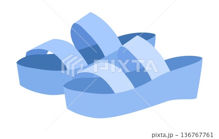 Blue flatform sandal shoe women flat pair. Double strap platform sandal for seaside promenade city stroll. Technical 136767761