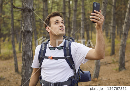 Hiker holding smartphone, trying to search lost cellular signal in pine forest Hiker holding smartphone, trying to search lost cellular signal in pine forest 136767851