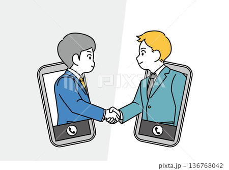 携帯から飛び出て握手をするビジネスマンのイラスト素材 136768042
