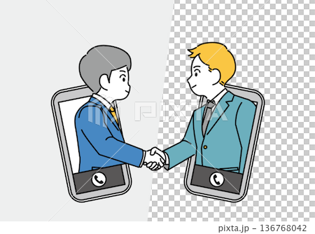 携帯から飛び出て握手をするビジネスマンのイラスト素材 136768042