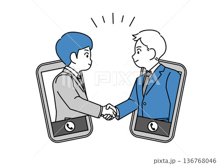 携帯から飛び出て握手をするビジネスマンのイラスト素材 136768046