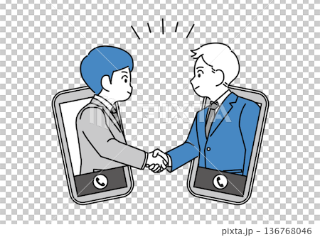携帯から飛び出て握手をするビジネスマンのイラスト素材 136768046