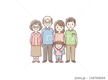 三世代5人家族イラスト｜祖父母と両親と子供のファミリー素材 136768084
