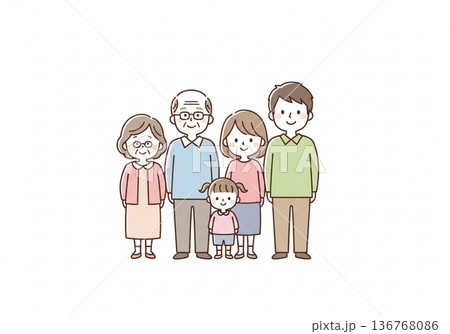 三世代5人家族イラスト｜祖父母と両親と子供のファミリー素材 136768086