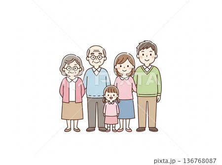 三世代5人家族イラスト|祖父母と両親と子供のファミリー素材 三世代5人家族イラスト|祖父母と両親と子供のファミリー素材 136768087