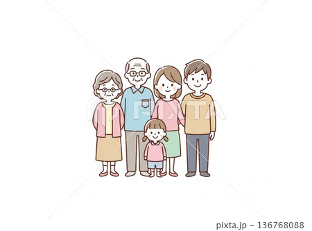 三世代5人家族イラスト|祖父母と両親と子供のファミリー素材 三世代5人家族イラスト|祖父母と両親と子供のファミリー素材 136768088