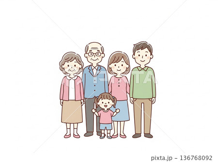 三世代5人家族イラスト｜祖父母と両親と子供のファミリー素材 136768092
