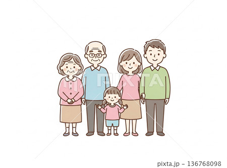 三世代5人家族イラスト｜祖父母と両親と子供のファミリー素材 136768098