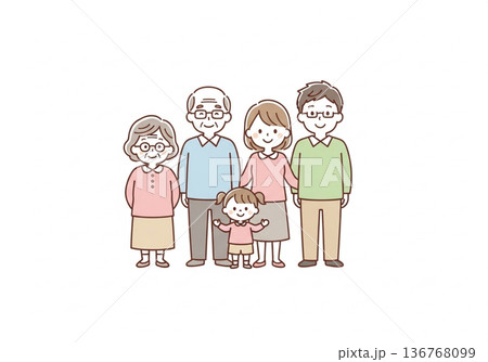 三世代5人家族イラスト|祖父母と両親と子供のファミリー素材 三世代5人家族イラスト|祖父母と両親と子供のファミリー素材 136768099