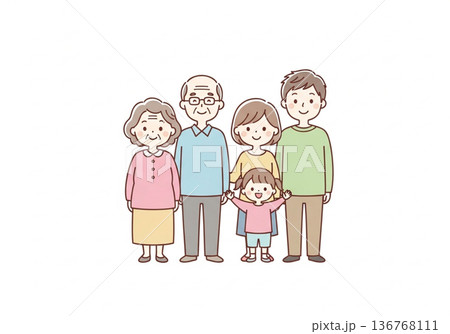 三世代5人家族イラスト｜祖父母と両親と子供のファミリー素材 136768111