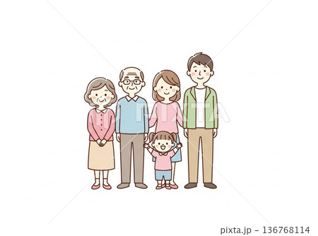 三世代5人家族イラスト|祖父母と両親と子供のファミリー素材 三世代5人家族イラスト|祖父母と両親と子供のファミリー素材 136768114