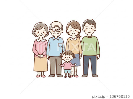 三世代5人家族イラスト|祖父母と両親と子供のファミリー素材 三世代5人家族イラスト|祖父母と両親と子供のファミリー素材 136768130