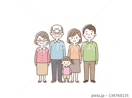三世代5人家族イラスト｜祖父母と両親と子供のファミリー素材 136768135