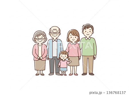 三世代5人家族イラスト｜祖父母と両親と子供のファミリー素材 136768137