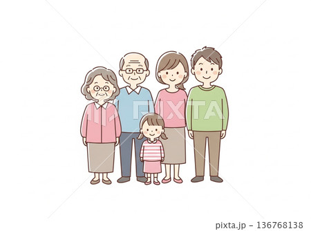 三世代5人家族イラスト｜祖父母と両親と子供のファミリー素材 136768138