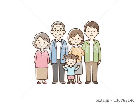 三世代5人家族イラスト|祖父母と両親と子供のファミリー素材 三世代5人家族イラスト|祖父母と両親と子供のファミリー素材 136768140