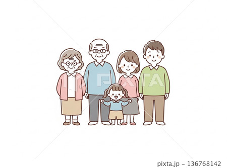三世代5人家族イラスト|祖父母と両親と子供のファミリー素材 三世代5人家族イラスト|祖父母と両親と子供のファミリー素材 136768142