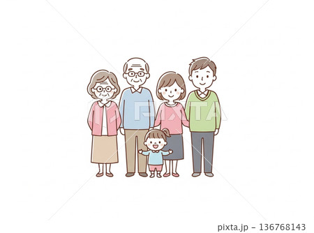 三世代5人家族イラスト｜祖父母と両親と子供のファミリー素材 136768143