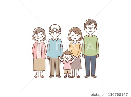 三世代5人家族イラスト｜祖父母と両親と子供のファミリー素材 136768147