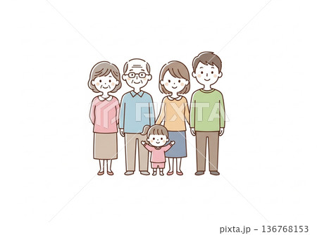 三世代5人家族イラスト｜祖父母と両親と子供のファミリー素材 136768153