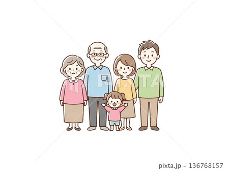 三世代5人家族イラスト｜祖父母と両親と子供のファミリー素材 136768157